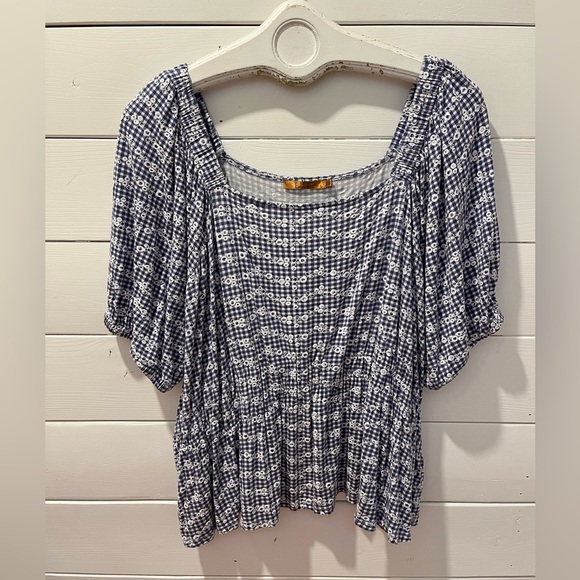 BELLDINI – Blue Gingham Embroidered Peasant Top – Size 3X - Picture 1 of 8